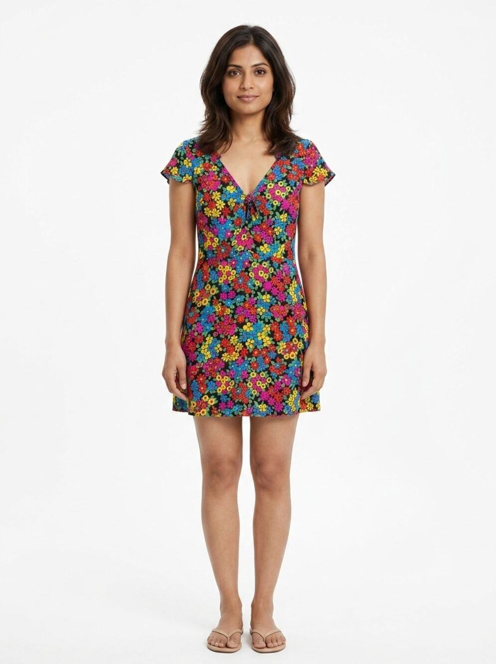 Zara Trafaluc Floral Print V-Neck Tie Front Mini Dress Women Size M